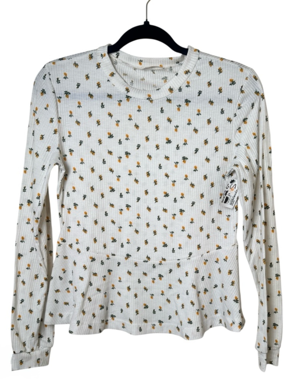 Wst Cst Small White Floral Ribbed Peplum Long-Sleeve Top